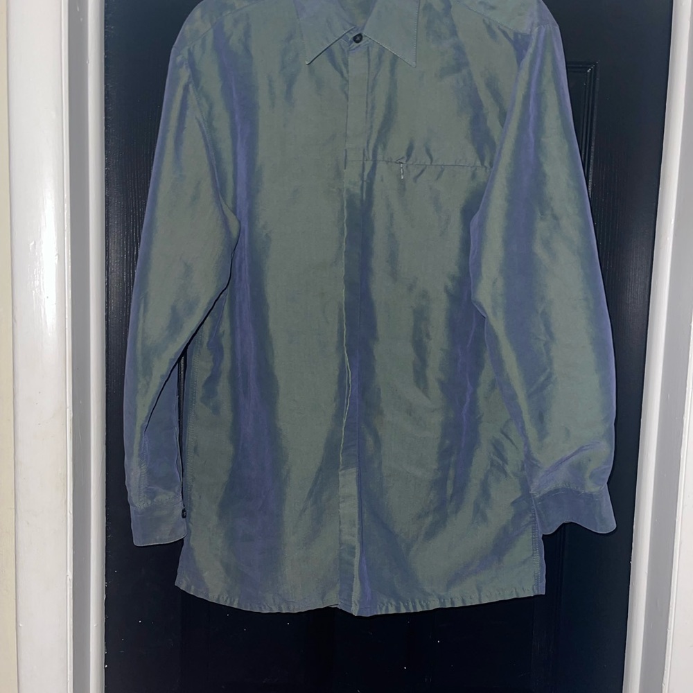 Men's Teal/Metallic Button-Up Dress Shirt with zippered pocket design for men